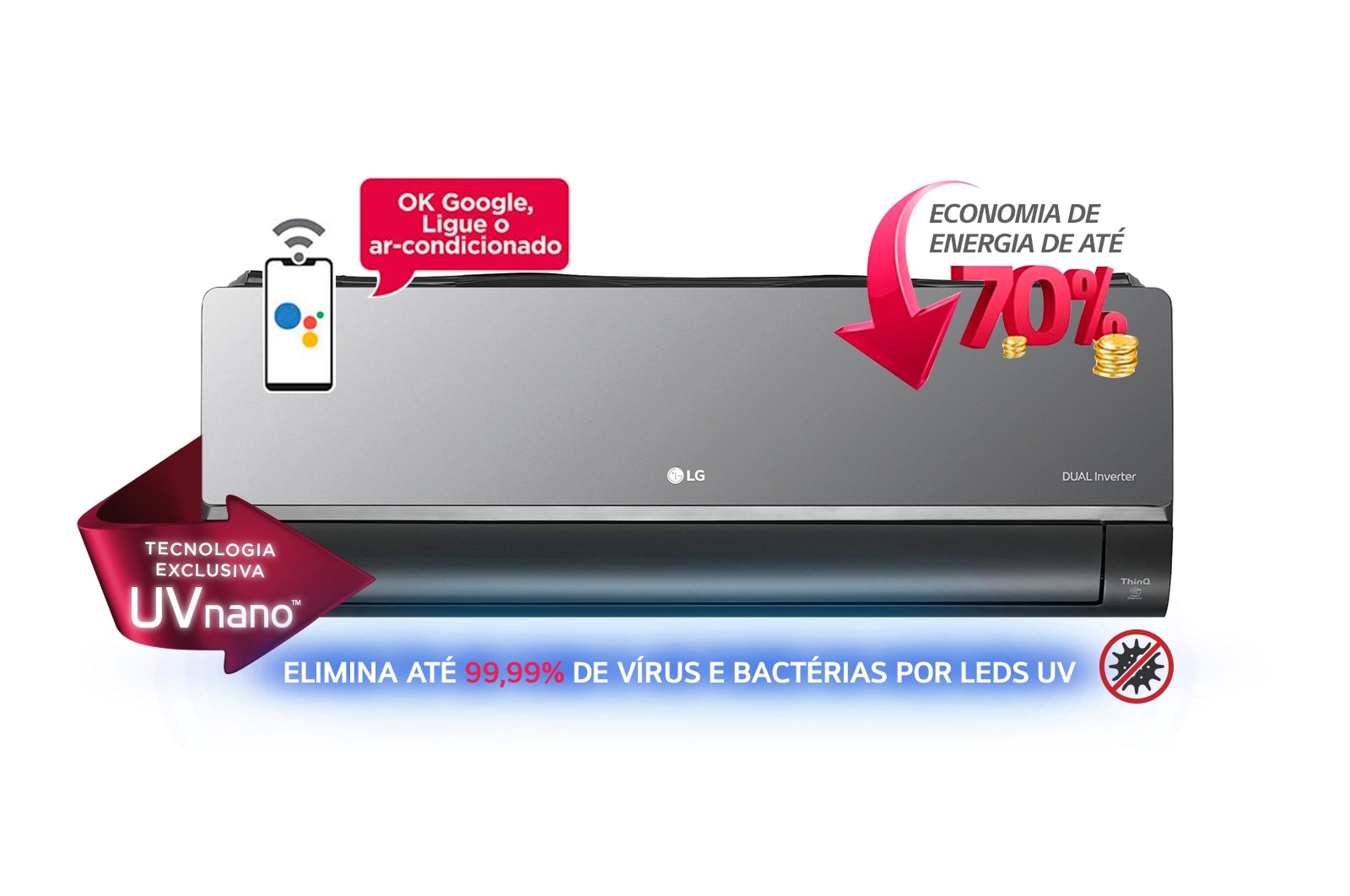 Vista frontal de Ar Condicionado LG DUAL Inverter Artcool Voice UV Nano 18.000 Quente/Frio 220V S4-W18KLRXC
